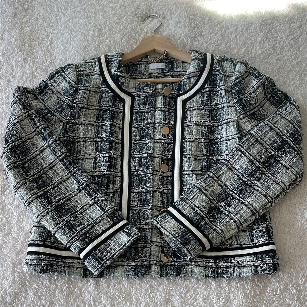 Ecru Black and White Textured Blazer
